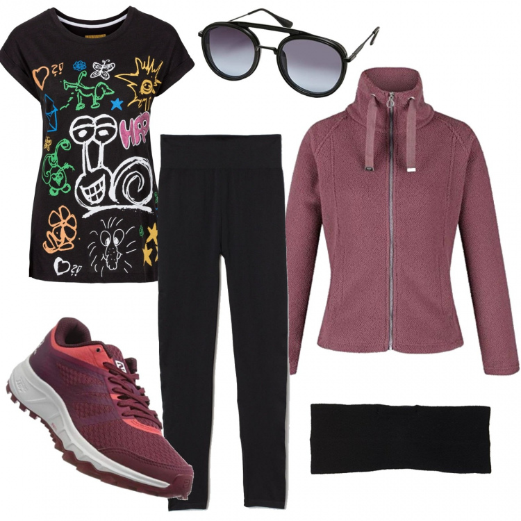 Outfit donna - Tutto per una corsa all\'aperto. Stile Basic per Sport. Abbinamento con t-shirt, giacche sportive, leggings, scarpe sportive, fasce per capelli, occhiali da sole.