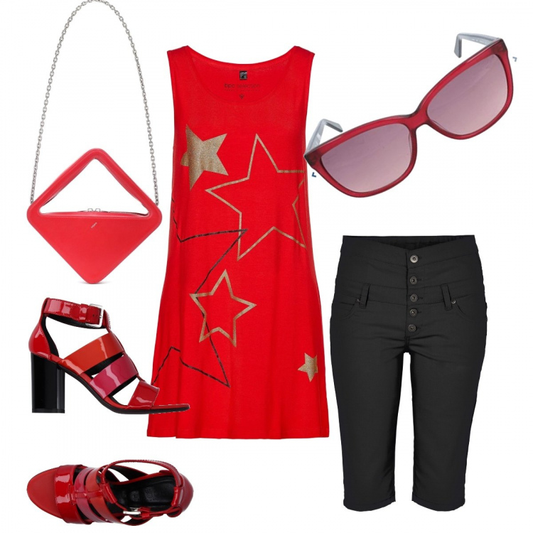 Outfit donna - Sotto le stelle. Stile Trendy per Tutti i giorni. Abbinamento con bermuda, top, sandali col tacco, borse a tracolla, occhiali da sole.