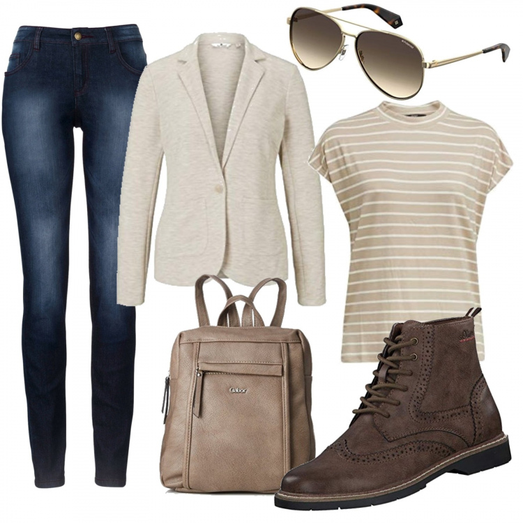 Outfit donna - Basic da tutti i giorni. Stile Urban per Tutti i giorni. Abbinamento con jeans skinny, blazer, t-shirt, stivaletti, zaini, occhiali da sole.