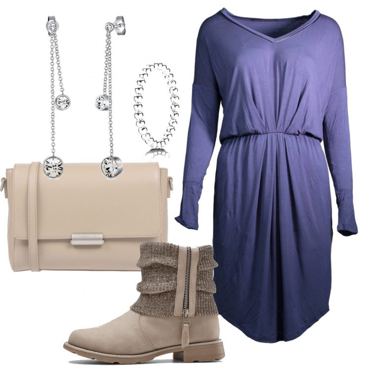 Outfit donna - Trendy #14497. Stile Trendy per Tutti i giorni. Abbinamento con stivaletti, borse a tracolla, vestiti corti, anelli, orecchini.