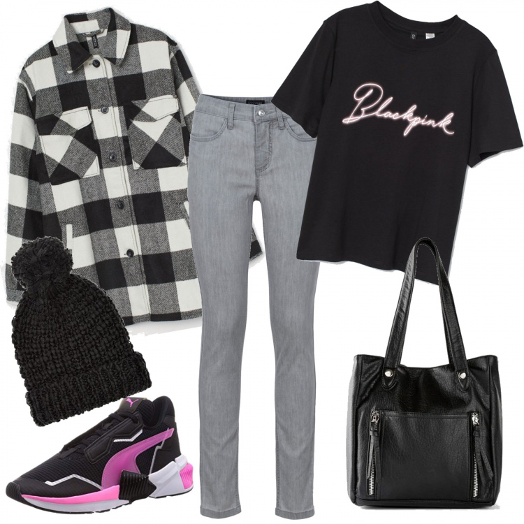 Outfit donna - In jeans. Stile Urban per Tutti i giorni. Abbinamento con jeans skinny, borse a mano, sneakers, blazer, berretti, t-shirt.