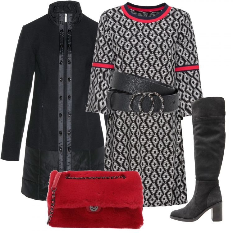Outfit donna - Curvy con tacco comodo. Stile Trendy per Tutti i giorni. Abbinamento con vestiti, cappotti, stivali, borse a tracolla, cinture.