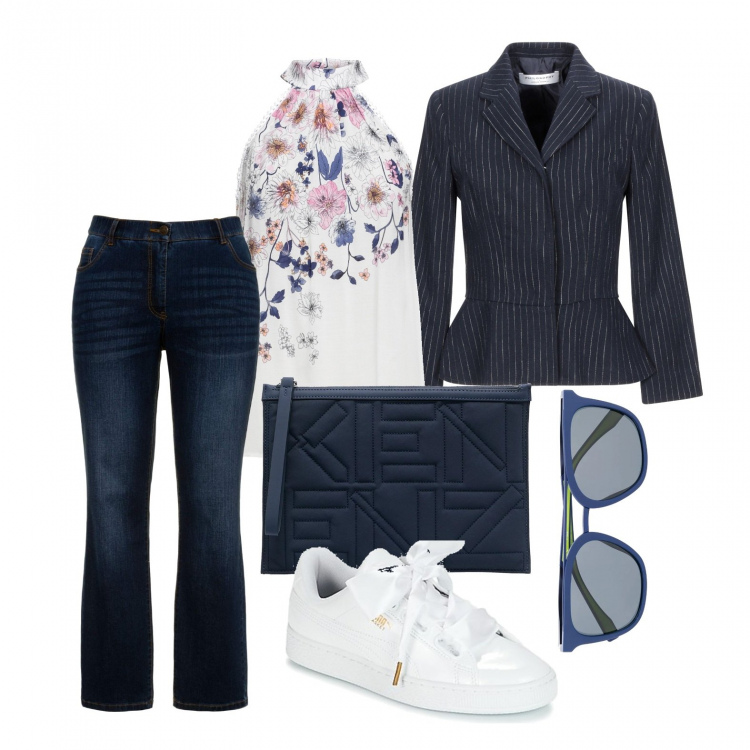 Outfit donna - Signorina romantica. Stile Trendy per Tutti i giorni. Abbinamento con top, blazer, sneakers, occhiali da sole, clutch, jeans dritti.