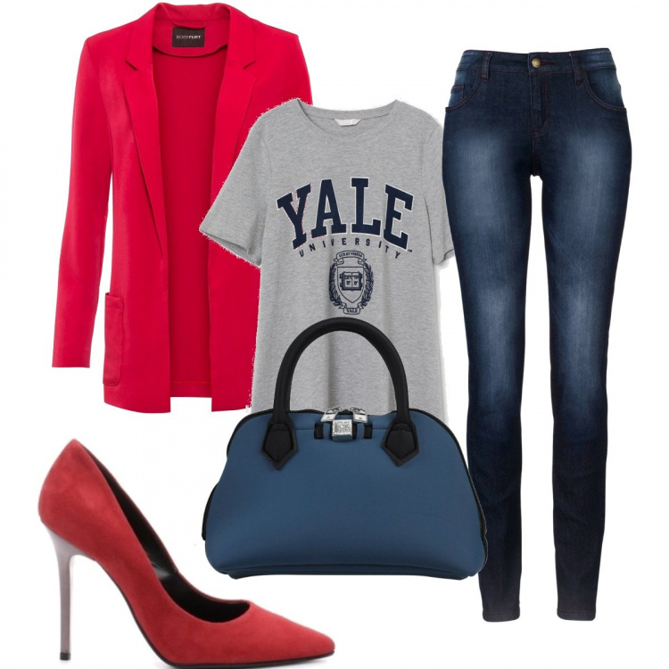 Outfit donna - Basic #7687. Stile Basic per Tutti i giorni. Abbinamento con jeans skinny, blazer, borse a mano, décolleté, t-shirt.