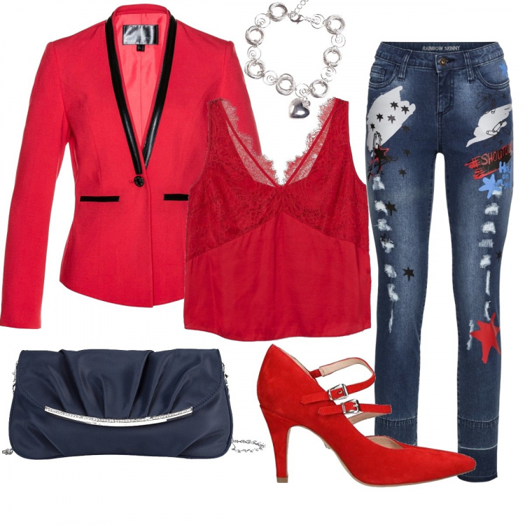 Outfit donna - Serata speciale con il top. Stile Trendy per Serata fuori. Abbinamento con pochette, reggiseni, blazer, braccialetti, scarpe col tacco, top.