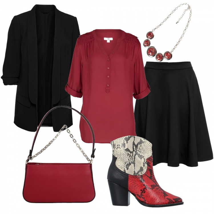 Outfit donna - Sicura di te. Stile Trendy per Ufficio. Abbinamento con gonne, blazer, tuniche, stivaletti, borse a mano, collane.