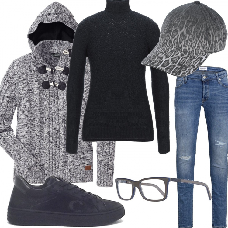 Outfit uomo - Capello leopardato. Stile Trendy per Tutti i giorni. Abbinamento con maglieria, cappelli, pullovers, jeans, sneakers, occhiali.