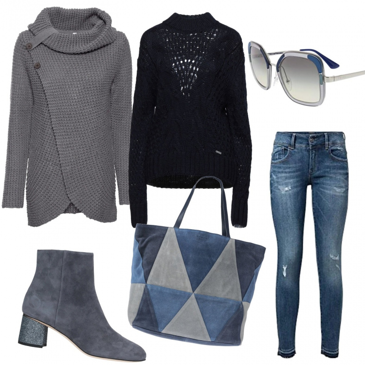 Outfit donna - Passeggiata invernale. Stile Urban per Tutti i giorni. Abbinamento con maglieria, borse a mano, pullovers, stivaletti, jeans skinny, occhiali da sole.