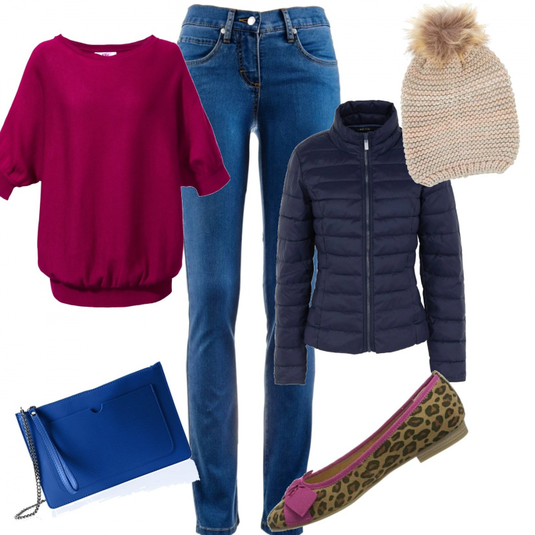 Outfit donna - Look basic da tutti i giorni. Stile Basic per Tutti i giorni. Abbinamento con jeans dritti, maglieria, piumini, ballerine, borse a spalla, berretti.