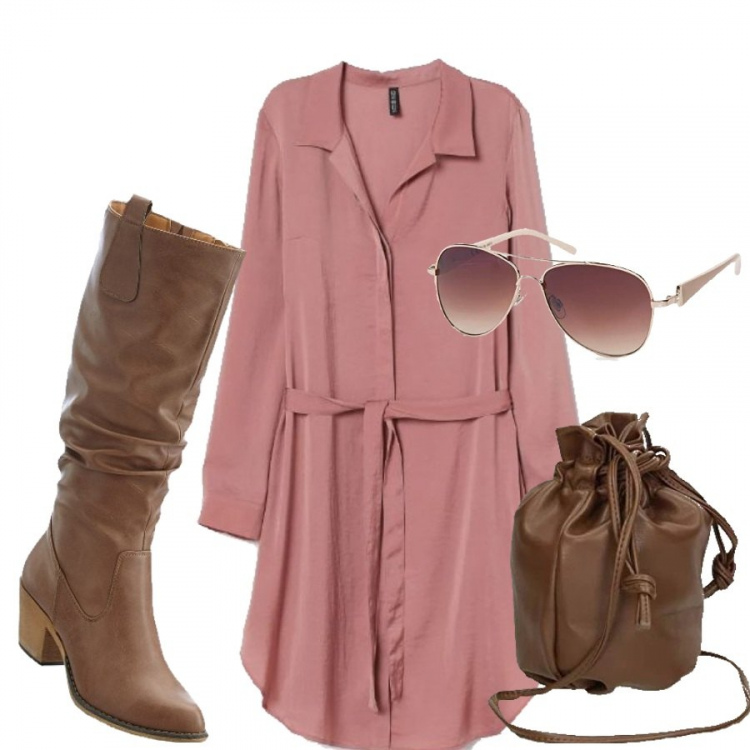 Outfit donna - Chemisier cipria. Stile Urban per Tutti i giorni. Abbinamento con stivali, vestiti corti, occhiali da sole, pochette.