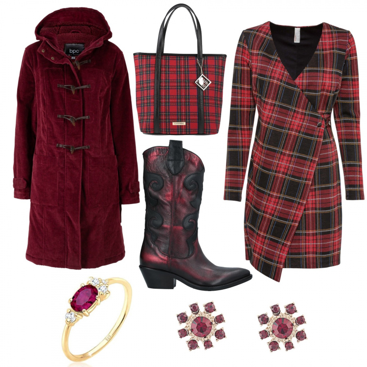 Outfit donna - Rosso Ufficio. Stile Bon Ton per Ufficio. Abbinamento con montgomery, vestiti, borse a mano, stivali, orecchini, anelli.
