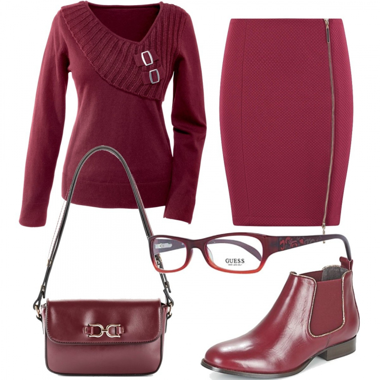 Outfit donna - Gonna con stivali bassi. Stile Basic per Tutti i giorni. Abbinamento con maglieria, borse a tracolla, stivaletti, gonne, occhiali.
