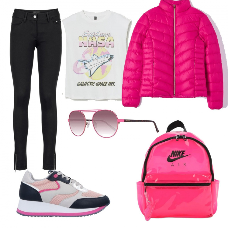 Outfit donna - Passeggiata all\'aria aperta. Stile Urban per Tutti i giorni. Abbinamento con pantaloni, sneakers, cappotti, zaini, occhiali da sole, pullovers.