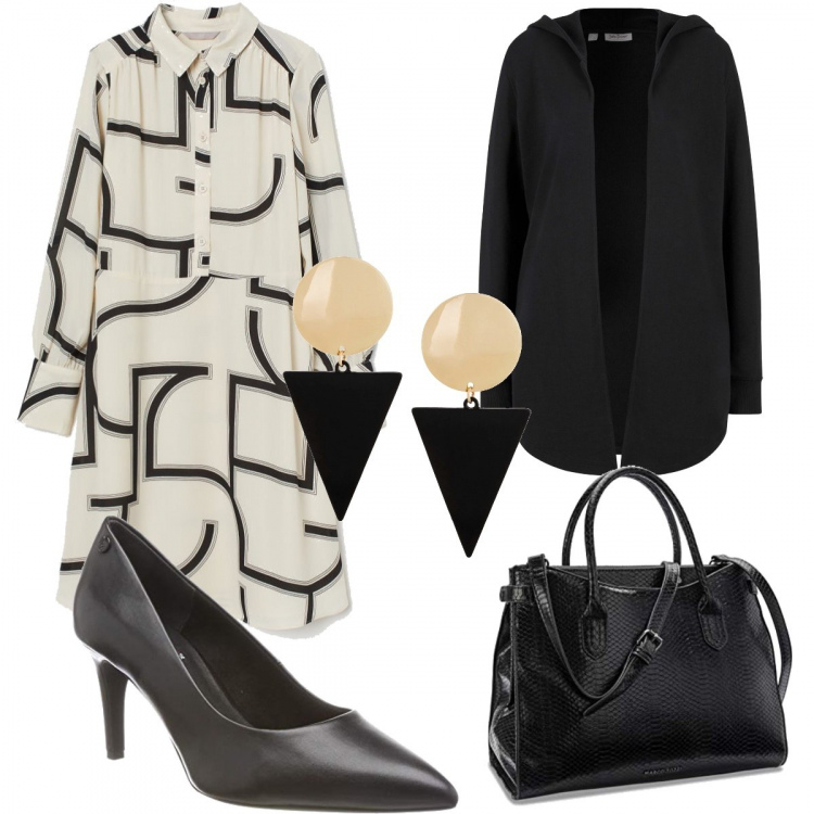 Outfit donna - Bianco e nero. Stile Bon Ton per Tutti i giorni. Abbinamento con felpe, orecchini, vestiti corti, borse a spalla, scarpe col tacco.