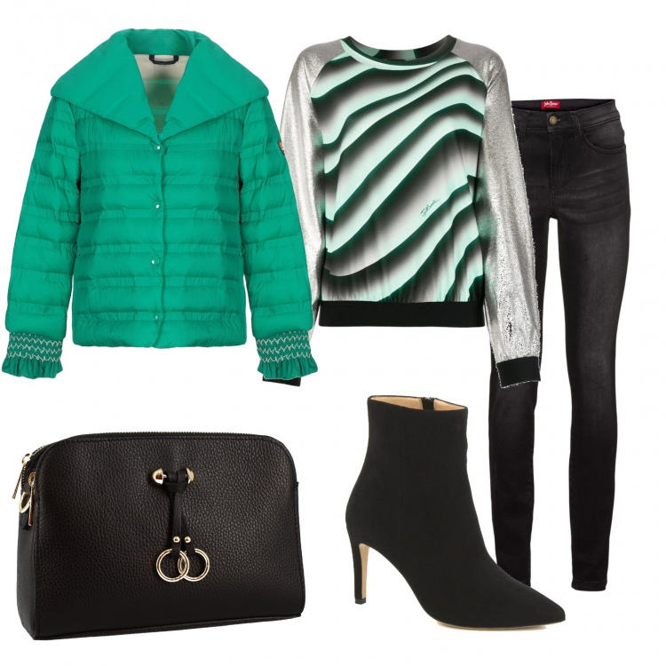 Outfit donna - Jeans e tronchetti. Stile Trendy per Tutti i giorni. Abbinamento con jeans slim fit, piumini, stivaletti, borse a tracolla, maglioni.