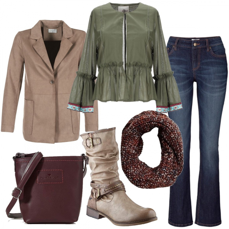 Outfit donna - Camicia boho. Stile Etnico per Tutti i giorni. Abbinamento con jeans bootcut, blazer, sciarpe, cappotti, stivaletti, borse a spalla.