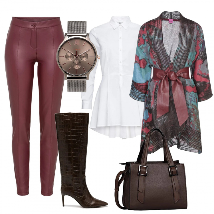 Outfit donna - Color amaranto e cioccolato fondente. Stile Trendy per Ufficio. Abbinamento con camicie, pantaloni a palazzo, cappotti, orologi, stivali sopra il ginocchio, borse tote.