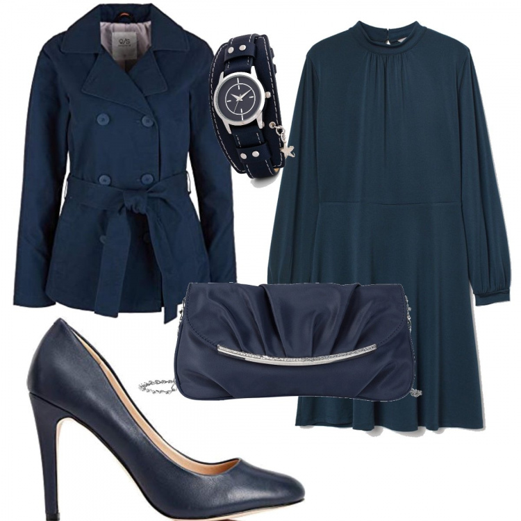 Outfit donna - Blu notte. Stile Bon Ton per Tutti i giorni. Abbinamento con pochette, orologi analogici, blazer, vestiti corti, scarpe col tacco.
