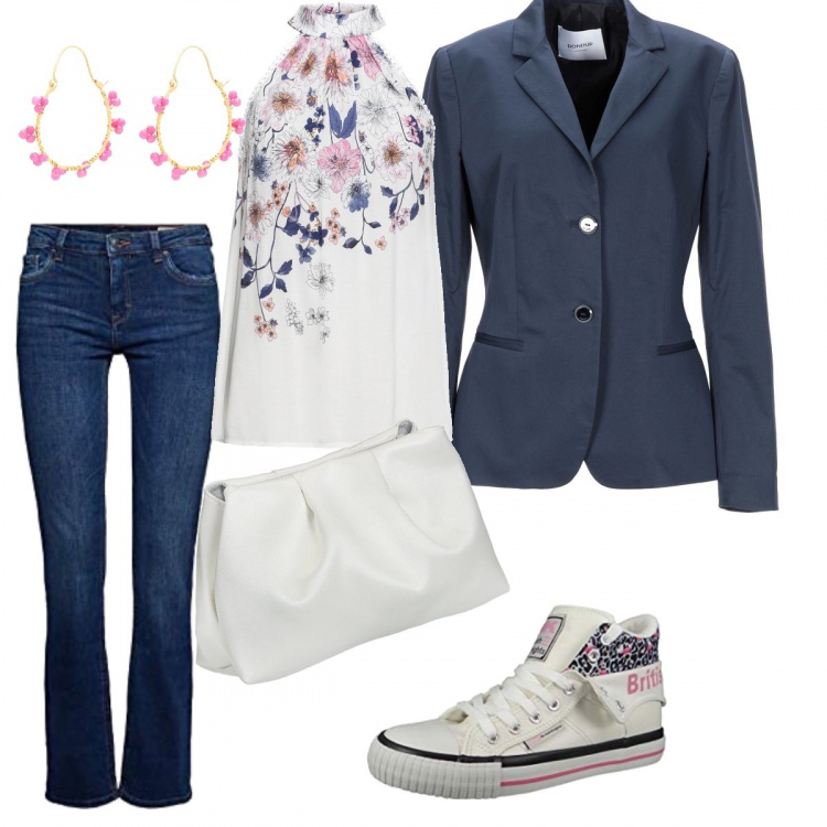 Outfit donna - Comoda ma chic. Stile Trendy per Ufficio. Abbinamento con top, blazer, orecchini, pochette, sneakers, jeans.