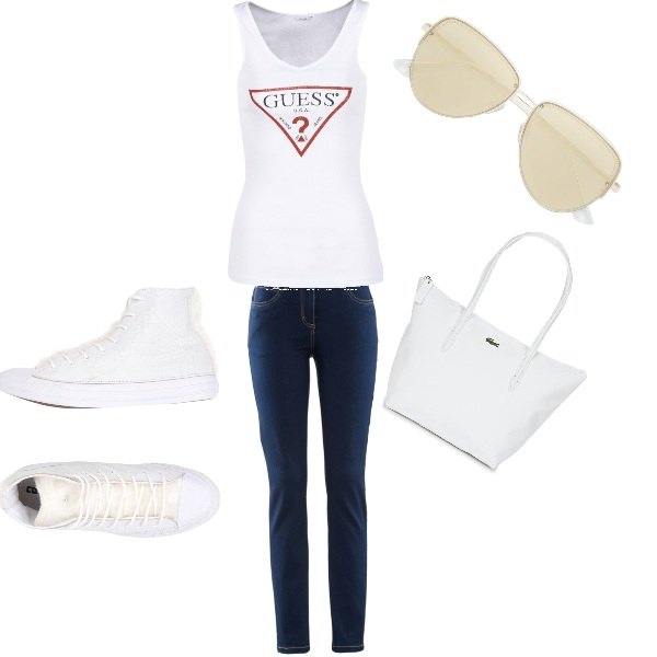 Outfit donna - Casual. Stile Urban per Tutti i giorni. Abbinamento con jeans dritti, borsa bianco, top bianco.