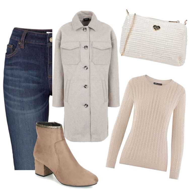 Outfit donna - Cappotto e borsa a tracolla. Stile Basic per Tutti i giorni. Abbinamento con jeans bootcut, cappotti, borse a tracolla, stivaletti, maglioni.