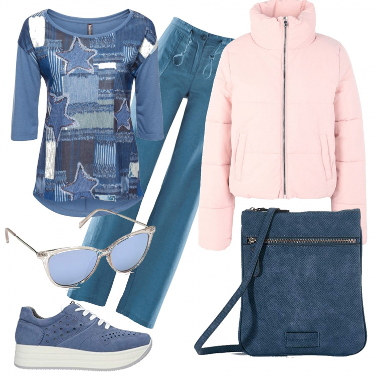 Outfit donna - Tutti i giorni #Curvy. Stile Basic per Tutti i giorni. Abbinamento con pantaloni a palazzo, maglieria, piumini, borse a tracolla, sneakers, occhiali da sole.