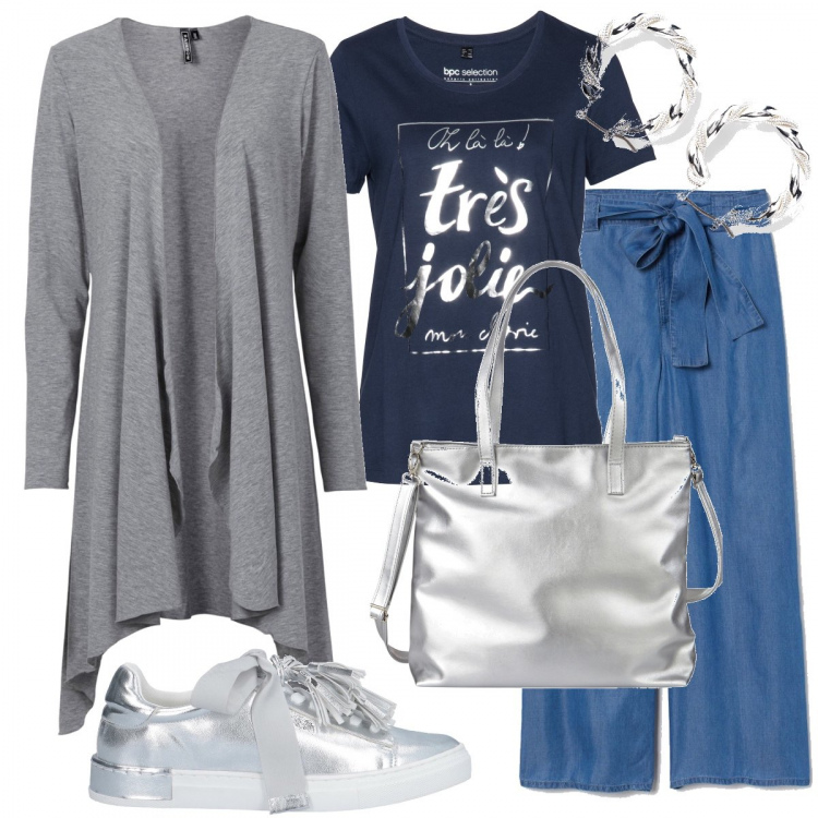 Outfit donna - Tessuti morbidi e sneakers. Stile Basic per Tutti i giorni. Abbinamento con sneakers, cardigans, t-shirt, shopping bag, orecchini, jeans dritti.