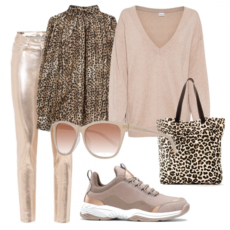 Outfit donna - Il leopardo che c’è in te. Stile Trendy per Tutti i giorni. Abbinamento con maglieria, sneakers, shopping bag, pantaloni skinny, camicie, occhiali da sole.