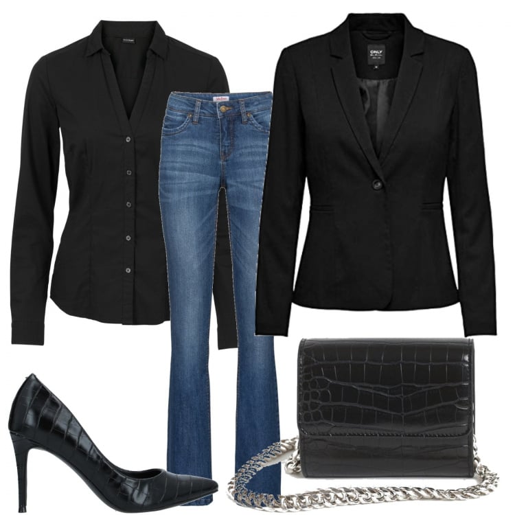Outfit donna - In ufficio con i tacchi. Stile Sexy per Ufficio. Abbinamento con camicie, jeans bootcut, décolleté, blazer, borse a mano.