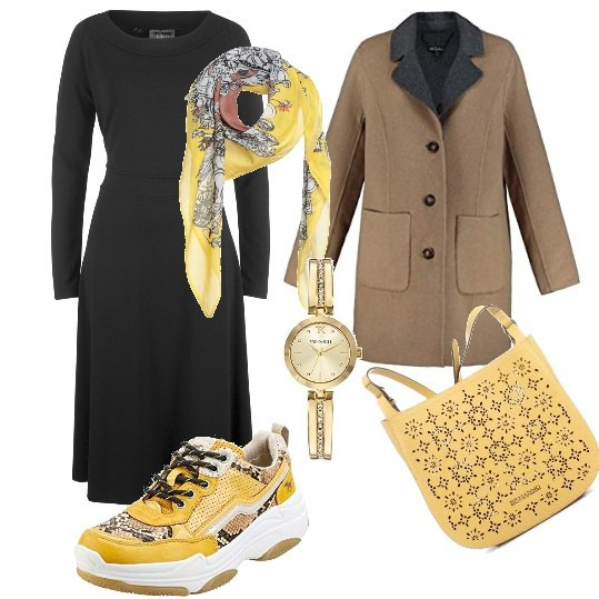 Outfit donna - Curvy sprint e calde. Stile Trendy per Scuola/Università. Abbinamento con stivaletti, foulard, borse a tracolla, sneakers, cappotti, orologi analogici.