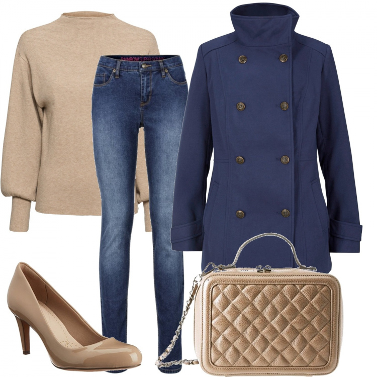 Outfit donna - In ufficio con i tacchi. Stile Chic per Ufficio. Abbinamento con maglieria, jeans skinny, caban, scarpe col tacco, borse a spalla.