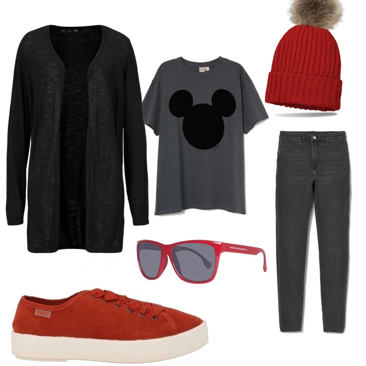 Outfit donna - Red and Mickey Mouse. Stile Basic per Scuola/Università. Abbinamento con cardigans, sneakers, t-shirt, jeans skinny, occhiali da sole, berretti.