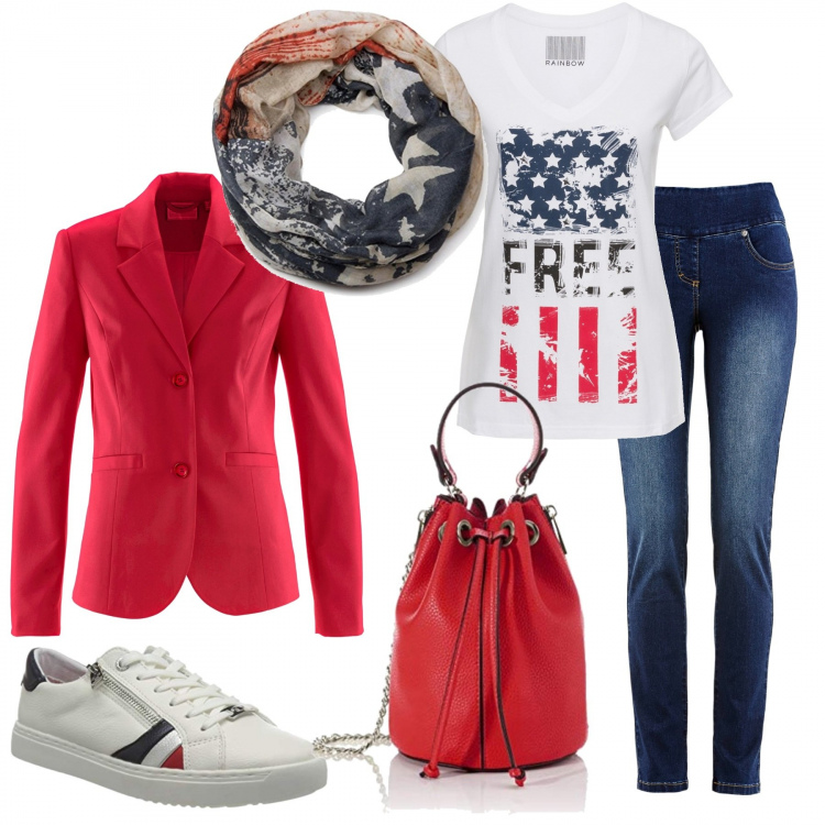 Outfit donna - Sara#2. Stile Urban per Tutti i giorni. Abbinamento con jeans slim fit, blazer, maglieria, borse a mano, sneakers, sciarpe.