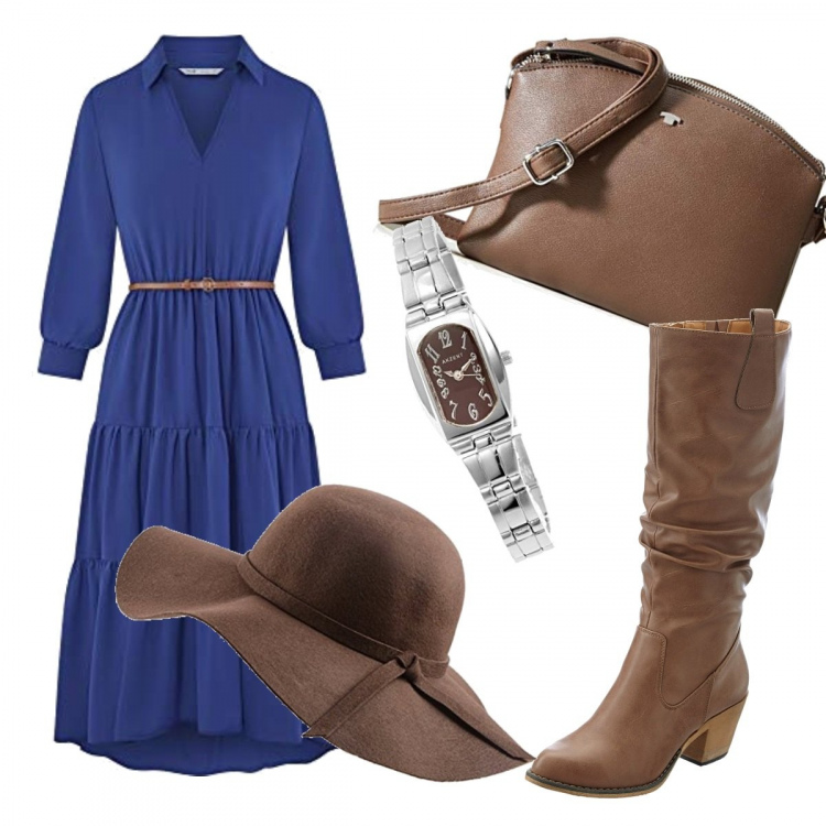 Outfit donna - Trendy #14939. Stile Trendy per Tutti i giorni. Abbinamento con stivali, vestiti midi/longuette, borse a spalla, cappelli, orologi.