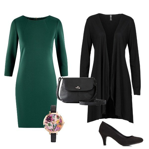 Outfit donna - Elegante in low cost. Stile Chic per Ufficio. Abbinamento con cardigans, décolleté, borse a mano, vestiti a tubino, orologi analogici.