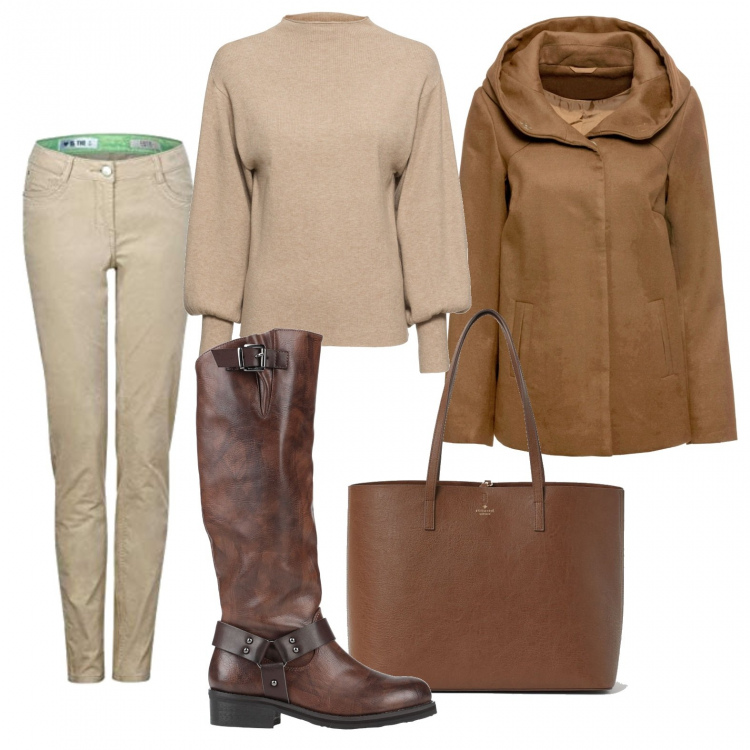 Outfit donna - Il mio basic low-cost. Stile Basic per Tutti i giorni. Abbinamento con maglieria, blazer, stivali, shopping bag, pantaloni.