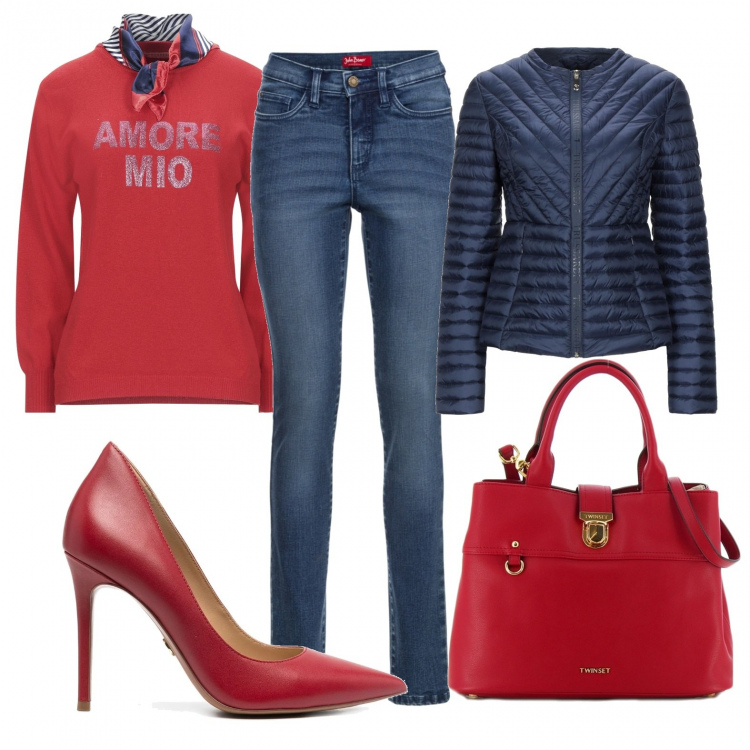Outfit donna - San Faustino. Stile Chic per Ufficio. Abbinamento con jeans slim fit, pullovers, piumini, borse a mano, décolleté.