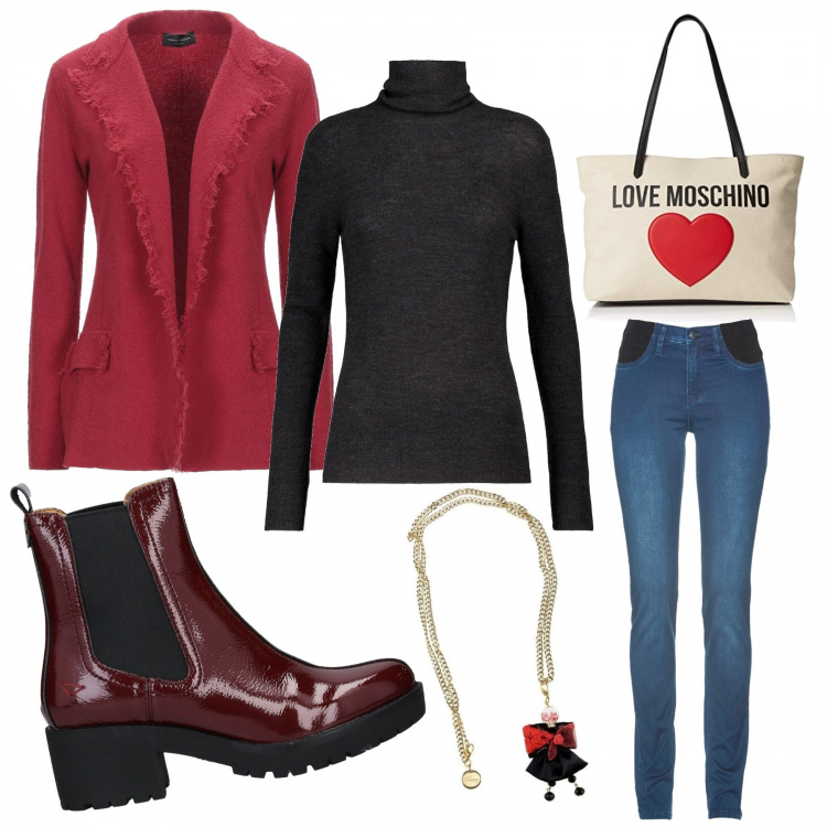 Outfit donna - Pranzo con le amiche!. Stile Trendy per Serata fuori. Abbinamento con jeans skinny, blazer, stivaletti, ciondoli, borse a mano, pullovers.