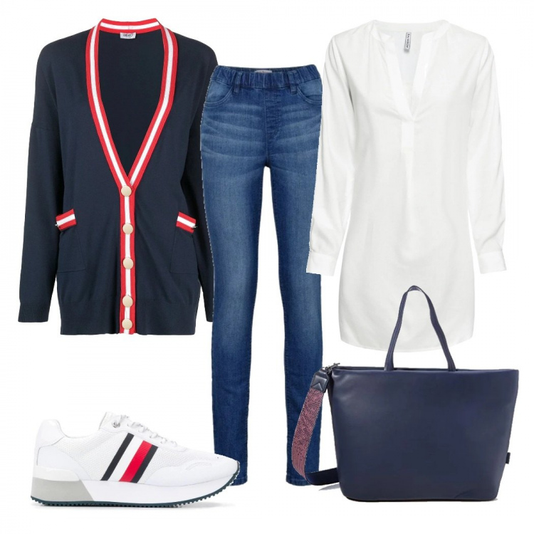 Outfit donna - Cardigan e sneakers. Stile Basic per Tutti i giorni. Abbinamento con jeggings, bluse, sneakers, cardigans, borse tote.