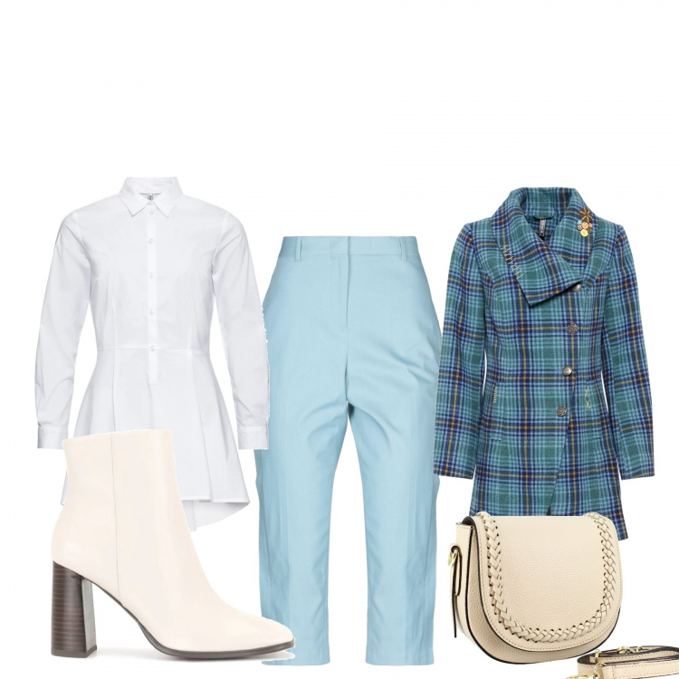 Outfit donna - Trendy #15104. Stile Trendy per Tutti i giorni. Abbinamento con camicie, cappotti, pantaloni capri, borse a tracolla, stivaletti.