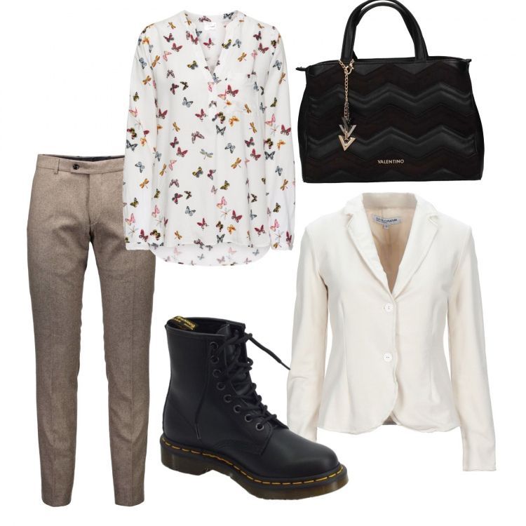 Outfit donna - Al lavoro. Stile Basic per Ufficio. Abbinamento con bluse, blazer, pantaloni chino, anfibi, borse a mano.