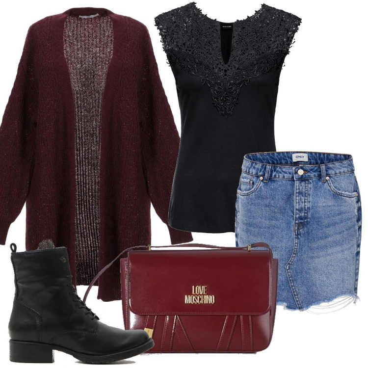 Outfit donna - Trendy #15136. Stile Trendy per Tutti i giorni. Abbinamento con top, cardigans, minigonne, stivaletti, borse a tracolla.