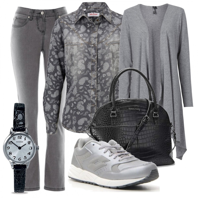 Outfit donna - Il grigio va sempre bene. Stile Urban per Scuola/Università. Abbinamento con jeans slim fit, camicie, cardigans, sneakers, borse a mano, orologi.