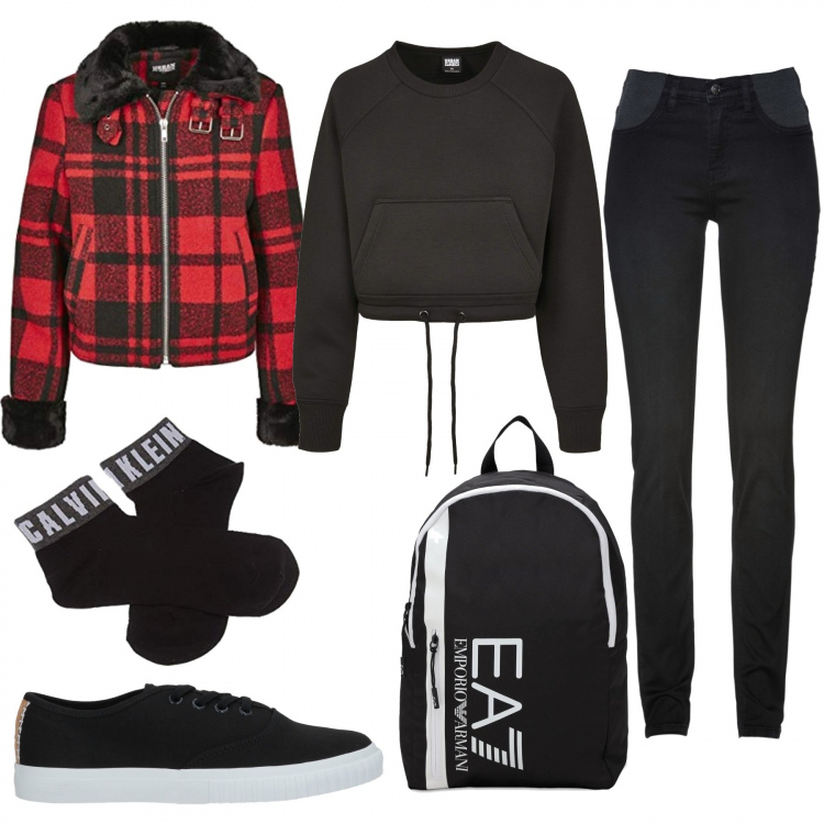 Outfit donna - Look perfetto per la scuola. Stile Basic per Scuola/Università. Abbinamento con jeans skinny, sneakers, blazer, zaini, felpe, calzini.