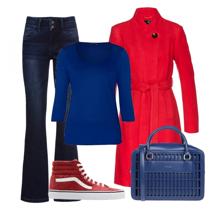 Outfit donna - SuperMan - curvy in sneakers. Stile Basic per Tutti i giorni. Abbinamento con jeans bootcut, cappotti, borse a mano, sneakers, t-shirt.