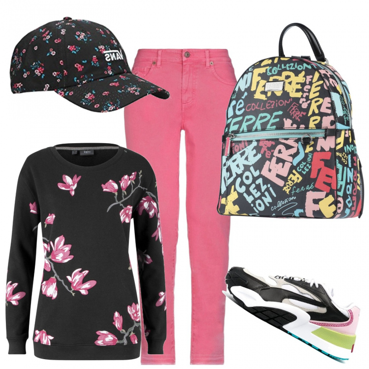 Outfit donna - A scuola con allegria. Stile Basic per Scuola/Università. Abbinamento con felpe, pantaloni, zaini, sneakers, berretti.