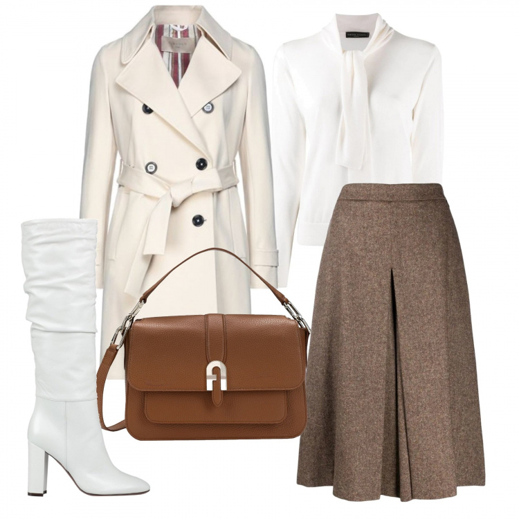 Outfit donna - Ispirazione anni 70. Stile Bon Ton per Ufficio. Abbinamento con cappotti, borse a mano, stivali, gonne longuette, cardigans.