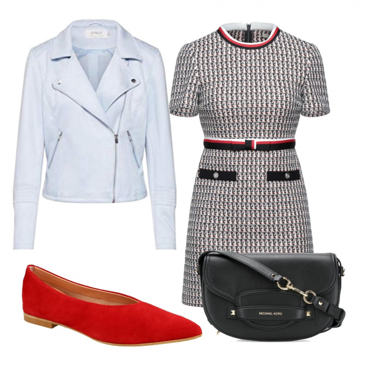 Outfit donna - Le ballerine rosse. Stile Trendy per Tutti i giorni. Abbinamento con vestiti corti, ballerine, borse a tracolla, blazer.