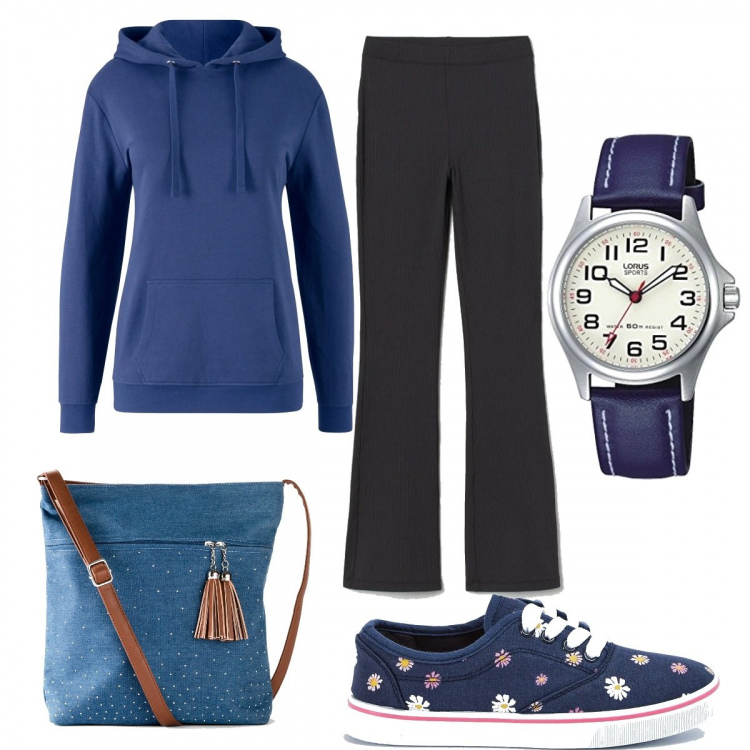 Outfit donna - Basic a scuola. Stile Basic per Scuola/Università. Abbinamento con felpe con cappuccio, borse a tracolla, sneakers, leggings, orologi analogici.