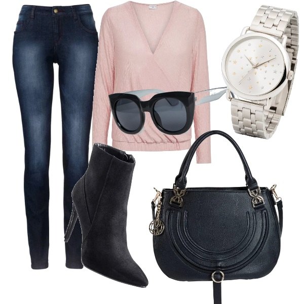 Outfit donna - In ufficio con stile. Stile Trendy per Tutti i giorni. Abbinamento con jeans skinny, gonne longuette, orologio argento, occhiali da sole a gatto lenti scure stanghette sottili protezione dai raggi.